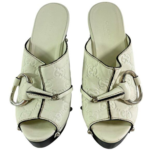 GUCCI White Leather Guccissima Horsebit Platform Clogs Italy Marked as 34.5-4.5